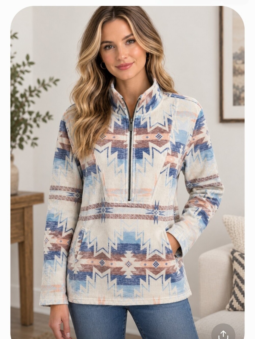 NWOT. Coldwater Creek Southwestern Aztec Quater Zip Pullover  Boho Western